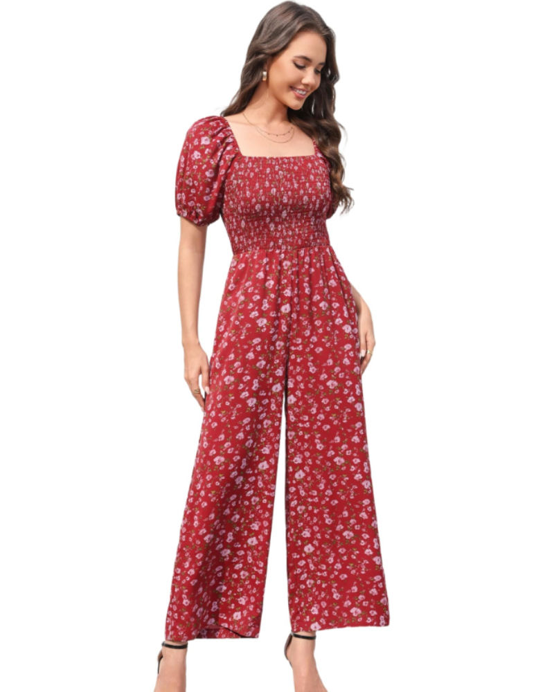 Salopetă de vară pentru femei Jasmine – cu imprimeu floral, cu smocuri și pantaloni largi