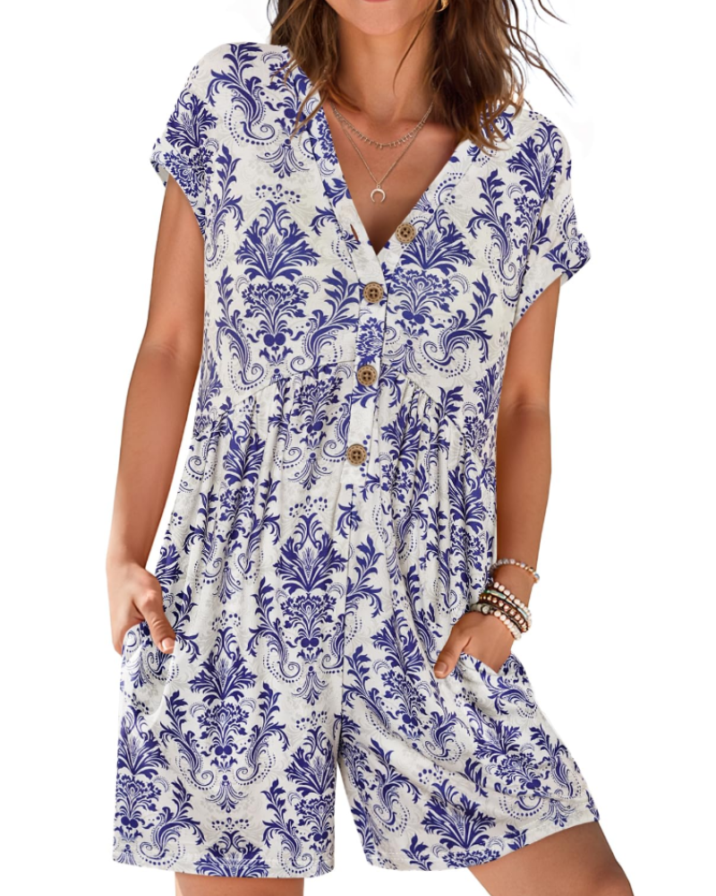Mono corto Audrey para mujer verano – Cuello en V con botones y cintura elástica con bolsillos