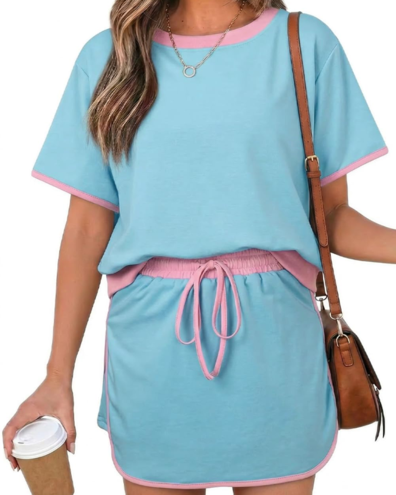 Isla Ensemble Femme Été – T-Shirt Color Block & Jupe-Short Taille Haute