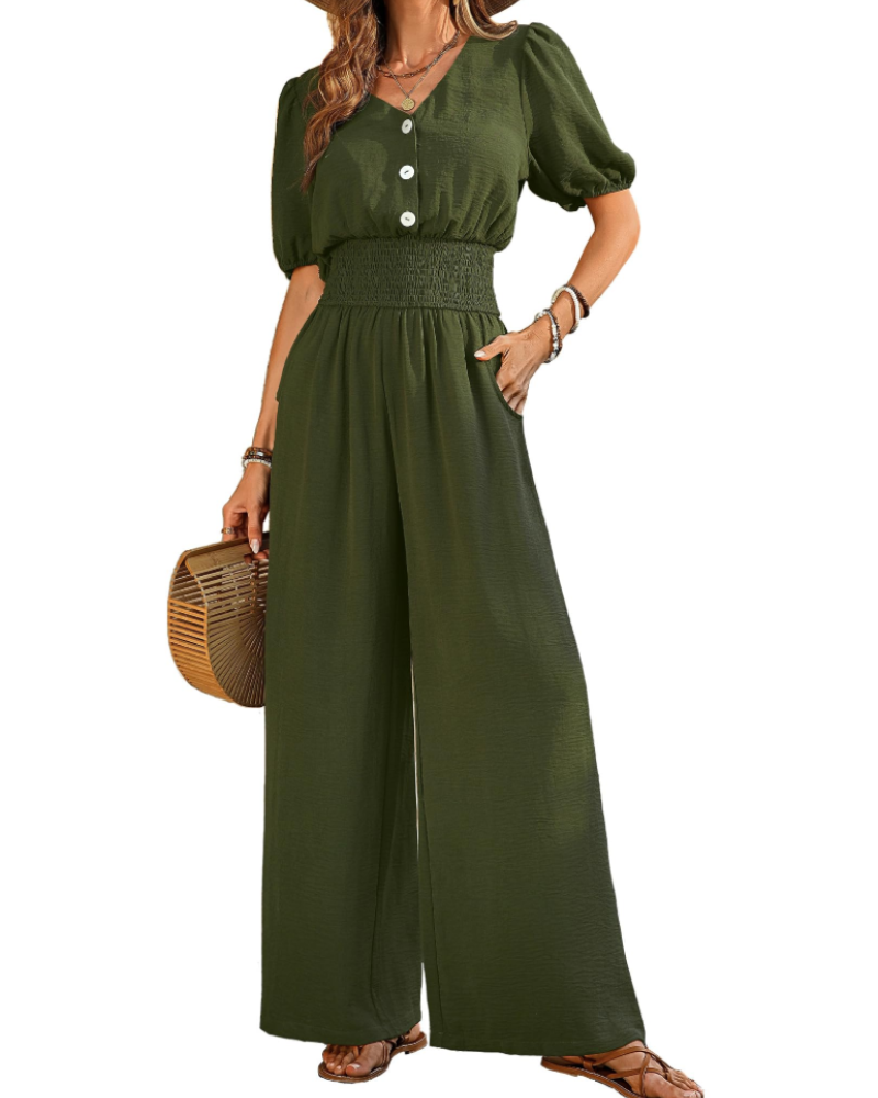 Stella Macacão Feminino de Verão – Decote em V com Botões & Calças Largas com Bolsos
