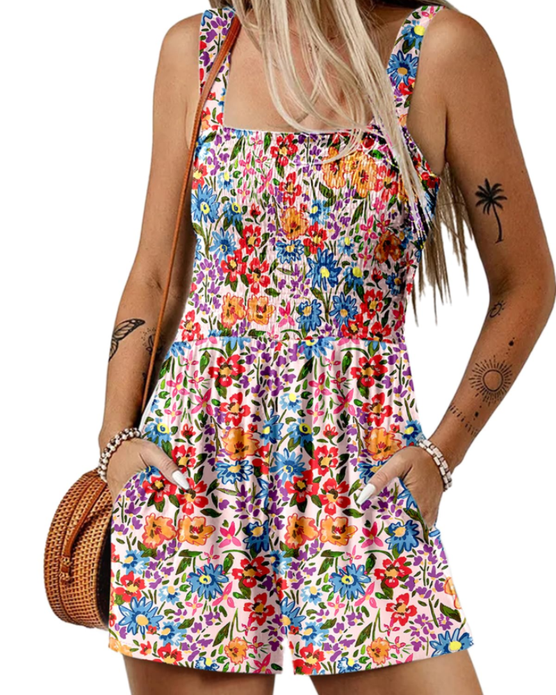 Savannah Combishort Femme Été – Smockée Col Carré avec Poches