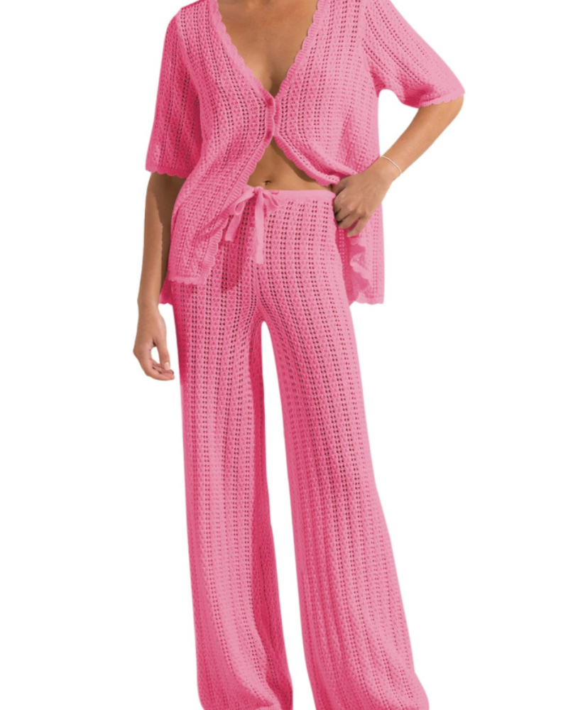 Conjunto de Praia Sally para Mulher – Kimono de Croché e Calças Largas Leves
