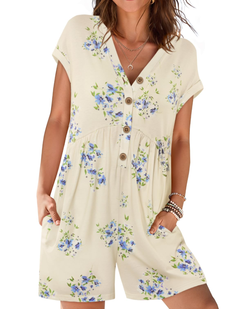 Mono corto Audrey para mujer verano – Cuello en V con botones y cintura elástica con bolsillos