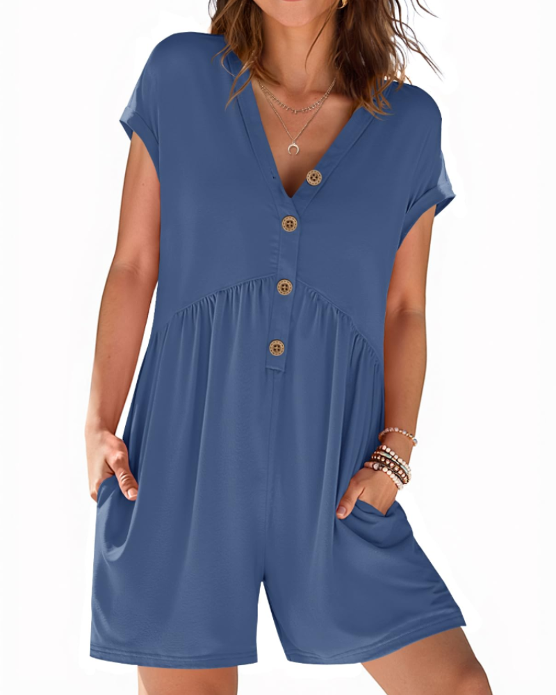 Mono corto Audrey para mujer verano – Cuello en V con botones y cintura elástica con bolsillos