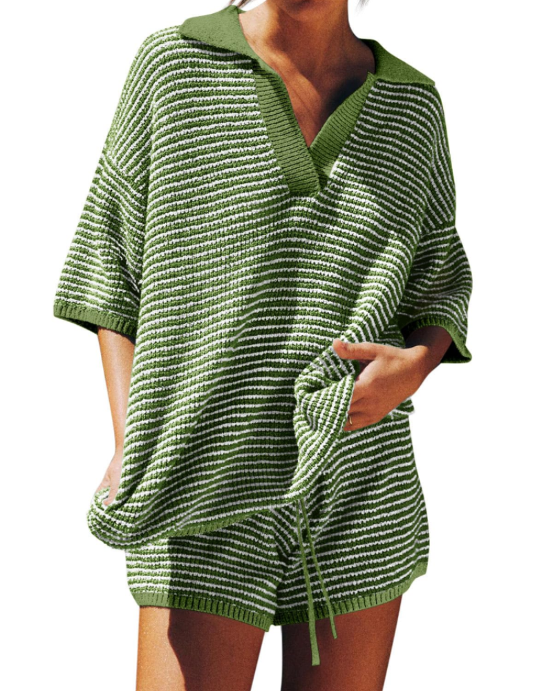 Chloe Women's Lounge Set – Oversized V-Neck Sweater & High-Waisted Shorts