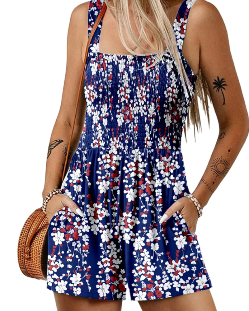 Savannah Combishort Femme Été – Smockée Col Carré avec Poches