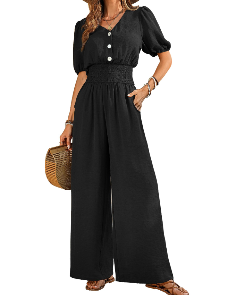 Stella Macacão Feminino de Verão – Decote em V com Botões & Calças Largas com Bolsos