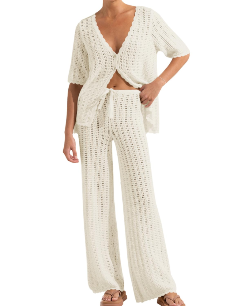 Conjunto de Praia Sally para Mulher – Kimono de Croché e Calças Largas Leves