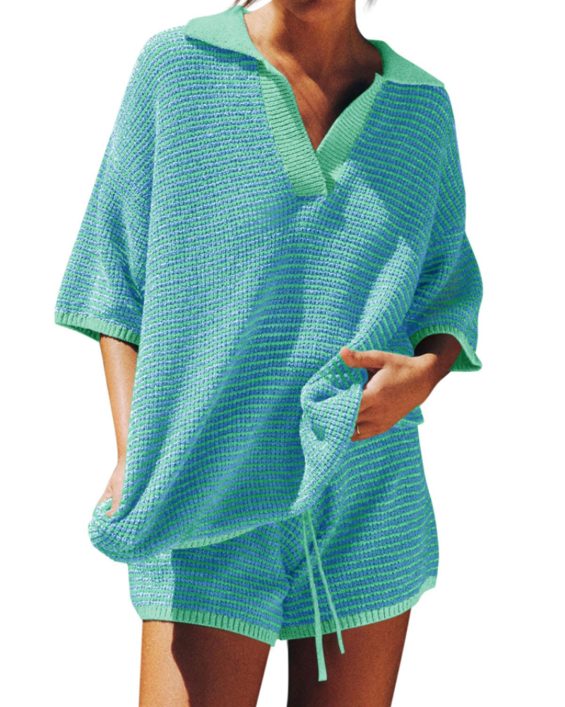 Chloe Women's Lounge Set – Oversized V-Neck Sweater & High-Waisted Shorts