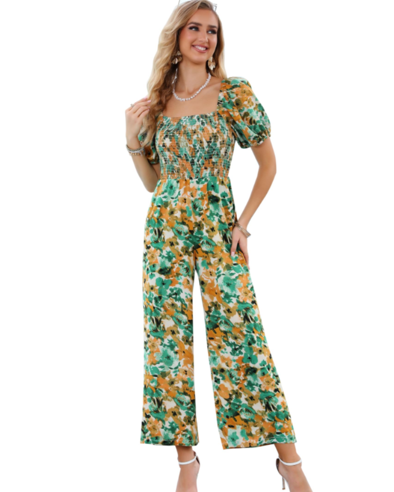Salopetă de vară pentru femei Jasmine – cu imprimeu floral, cu smocuri și pantaloni largi