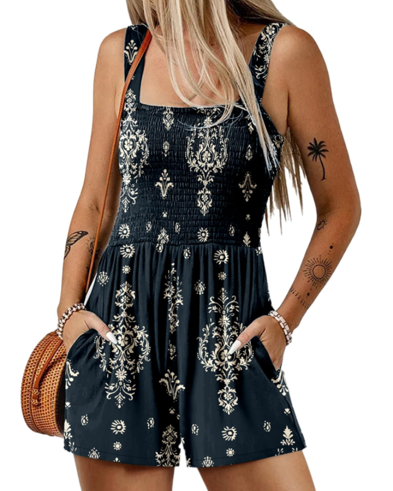 Savannah Combishort Femme Été – Smockée Col Carré avec Poches