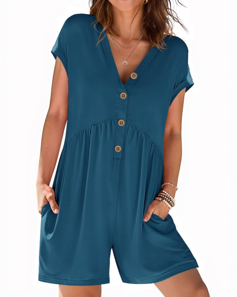Mono corto Audrey para mujer verano – Cuello en V con botones y cintura elástica con bolsillos