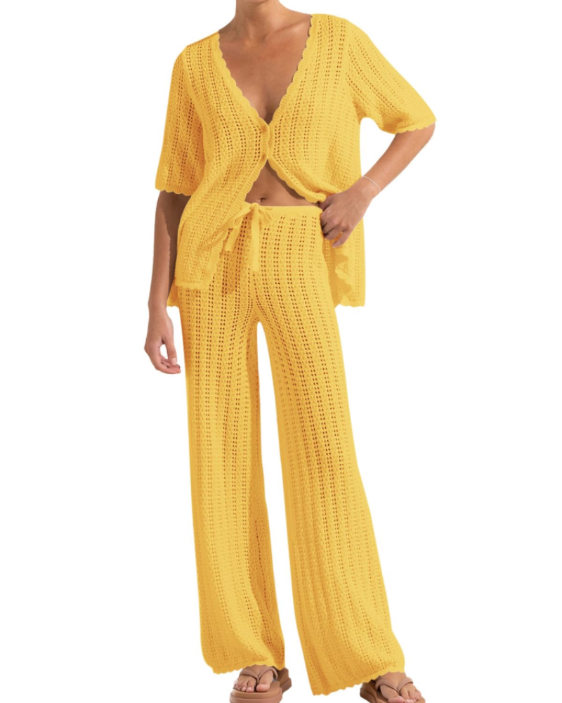 Conjunto de Praia Sally para Mulher – Kimono de Croché e Calças Largas Leves