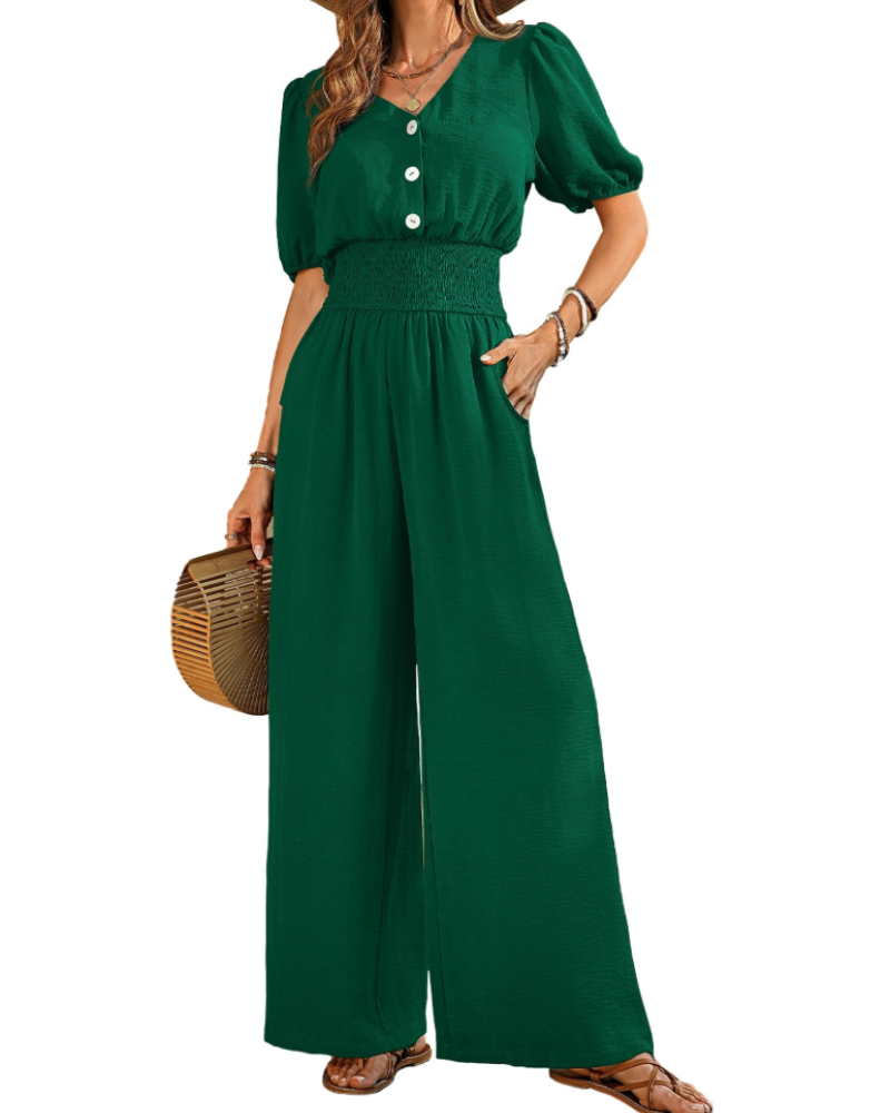 Stella Macacão Feminino de Verão – Decote em V com Botões & Calças Largas com Bolsos