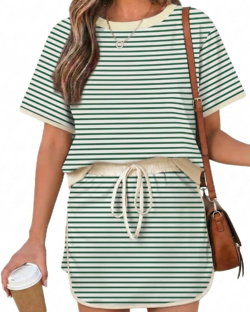 Isla Ensemble Femme Été – T-Shirt Color Block & Jupe-Short Taille Haute