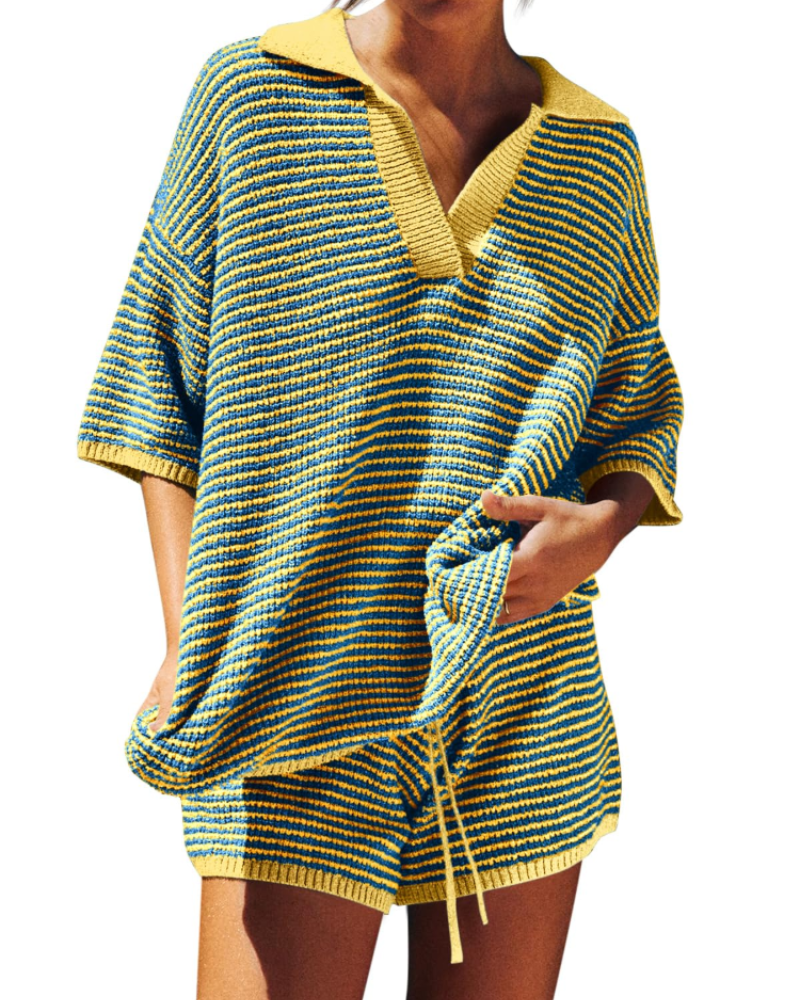 Chloe Women's Lounge Set – Oversized V-Neck Sweater & High-Waisted Shorts