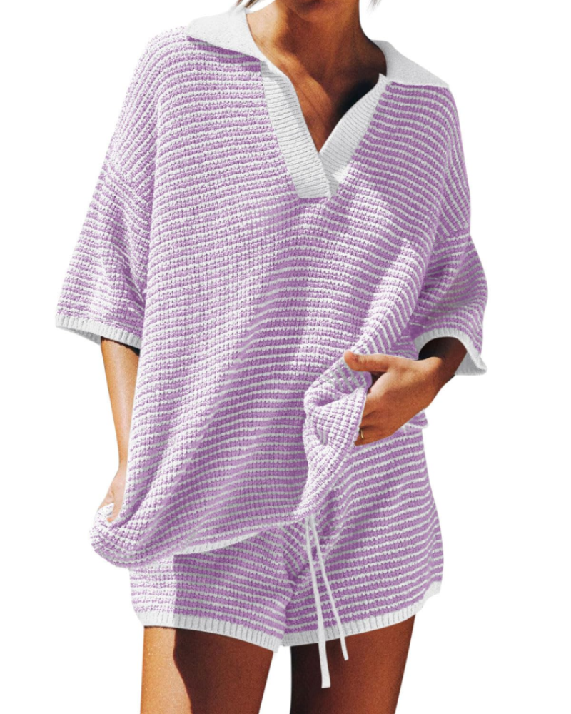 Chloe Women's Lounge Set – Oversized V-Neck Sweater & High-Waisted Shorts