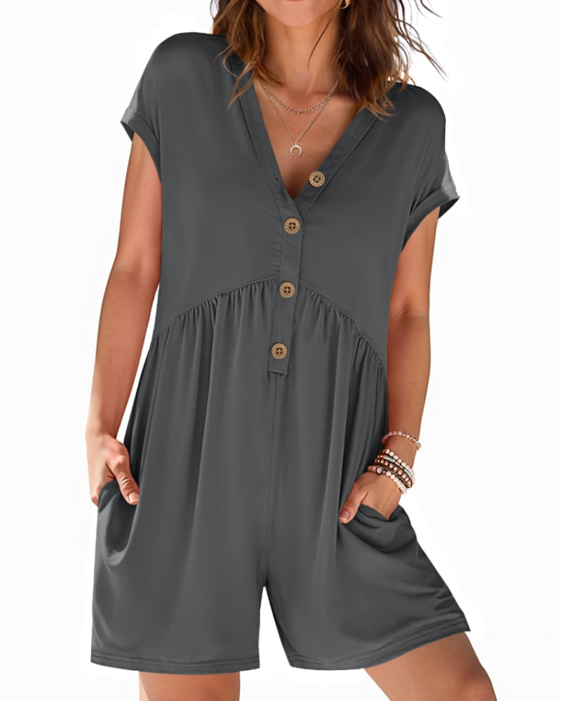 Mono corto Audrey para mujer verano – Cuello en V con botones y cintura elástica con bolsillos