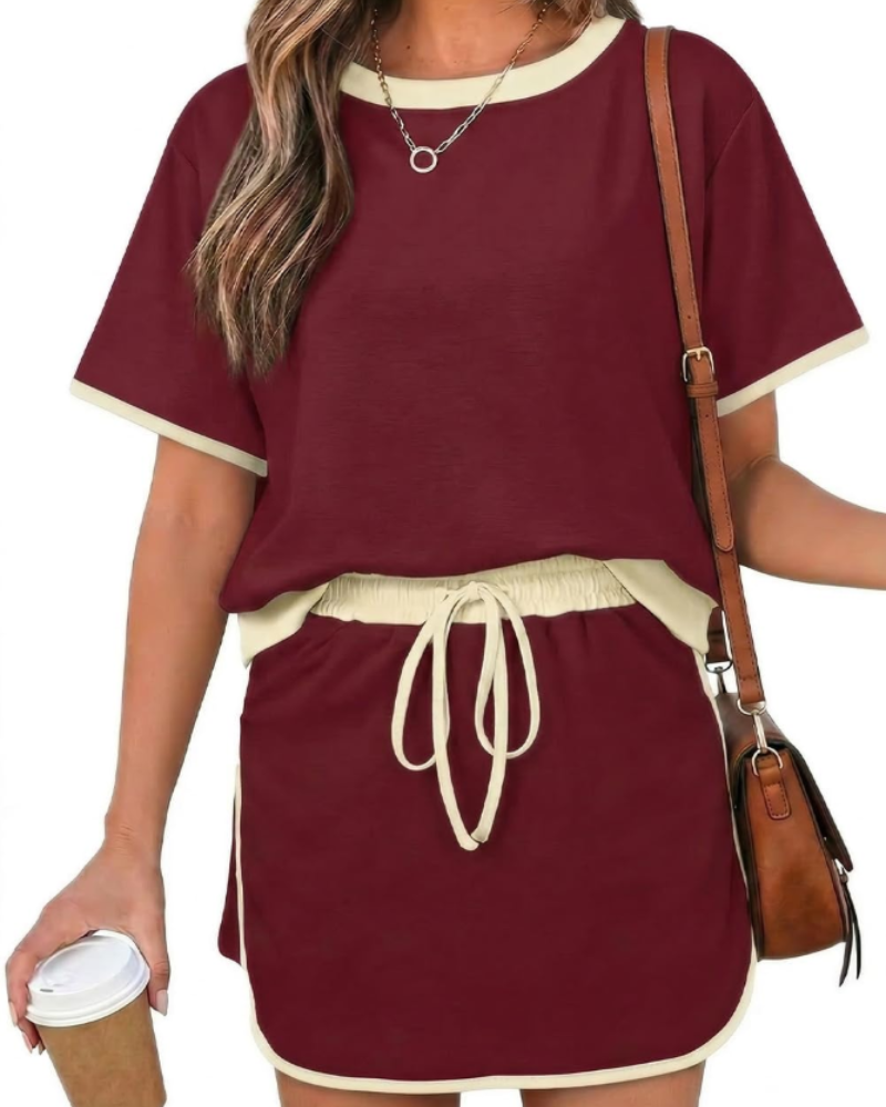 Isla Ensemble Femme Été – T-Shirt Color Block & Jupe-Short Taille Haute