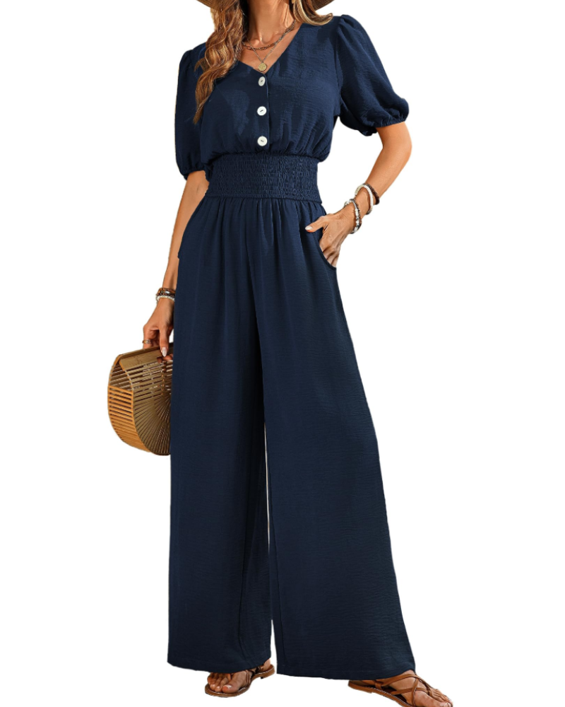 Stella Macacão Feminino de Verão – Decote em V com Botões & Calças Largas com Bolsos