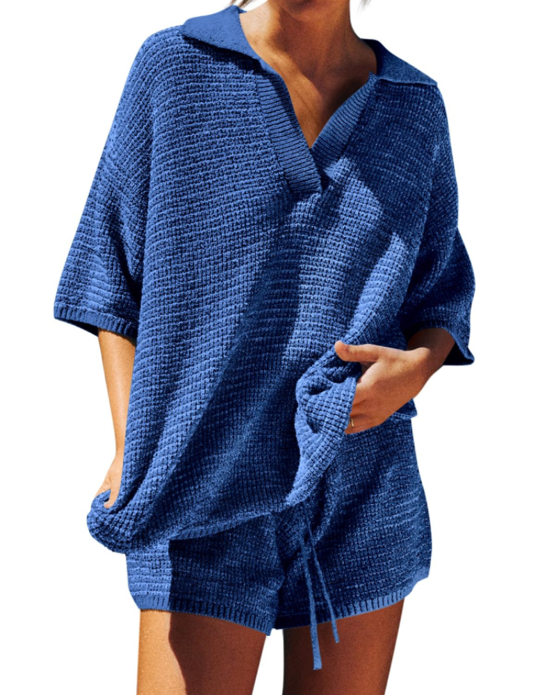 Chloe Women's Lounge Set – Oversized V-Neck Sweater & High-Waisted Shorts