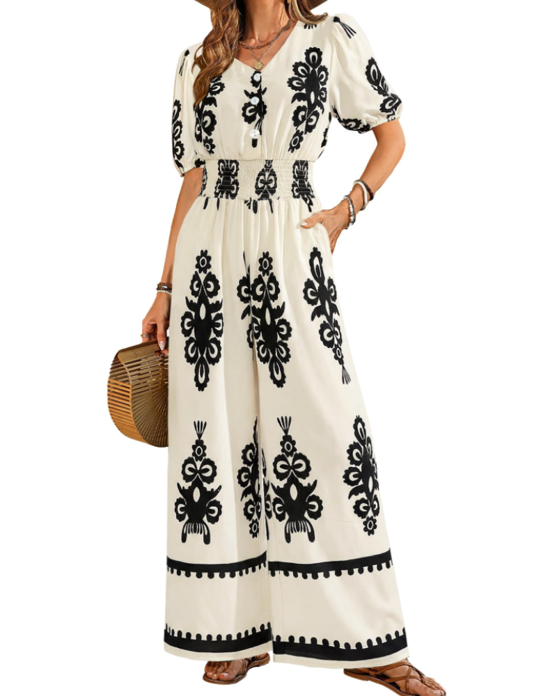 Stella Macacão Feminino de Verão – Decote em V com Botões & Calças Largas com Bolsos