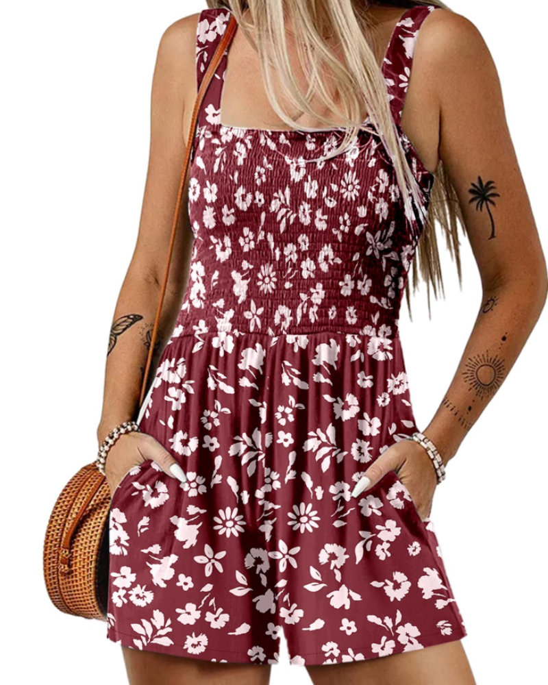 Savannah Combishort Femme Été – Smockée Col Carré avec Poches