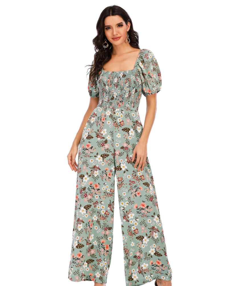 Salopetă de vară pentru femei Jasmine – cu imprimeu floral, cu smocuri și pantaloni largi