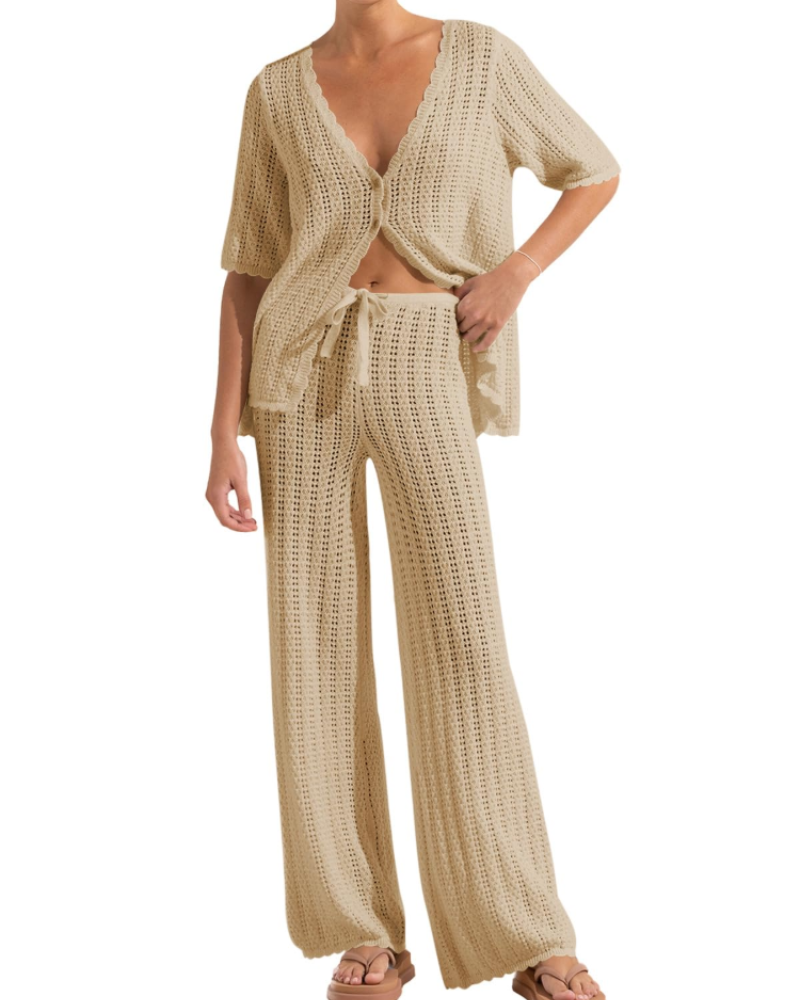 Conjunto de Praia Sally para Mulher – Kimono de Croché e Calças Largas Leves
