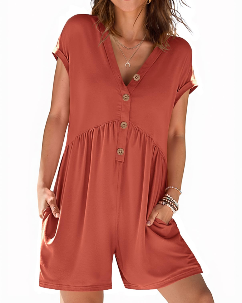 Mono corto Audrey para mujer verano – Cuello en V con botones y cintura elástica con bolsillos