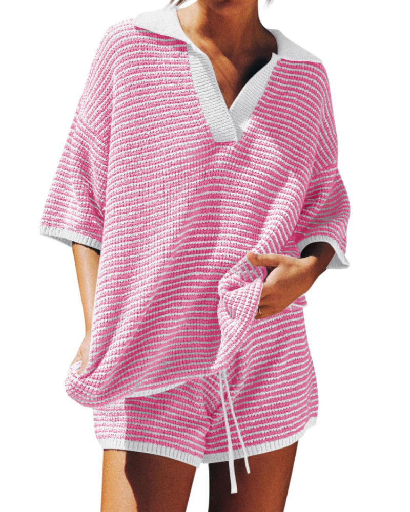 Chloe Women's Lounge Set – Oversized V-Neck Sweater & High-Waisted Shorts
