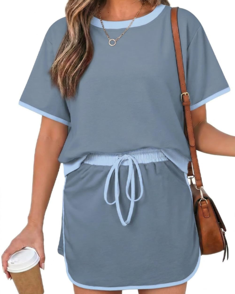 Isla Ensemble Femme Été – T-Shirt Color Block & Jupe-Short Taille Haute