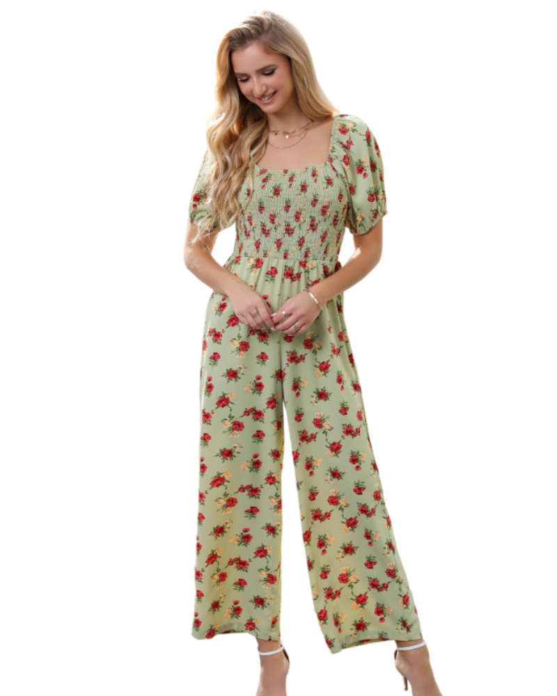 Salopetă de vară pentru femei Jasmine – cu imprimeu floral, cu smocuri și pantaloni largi