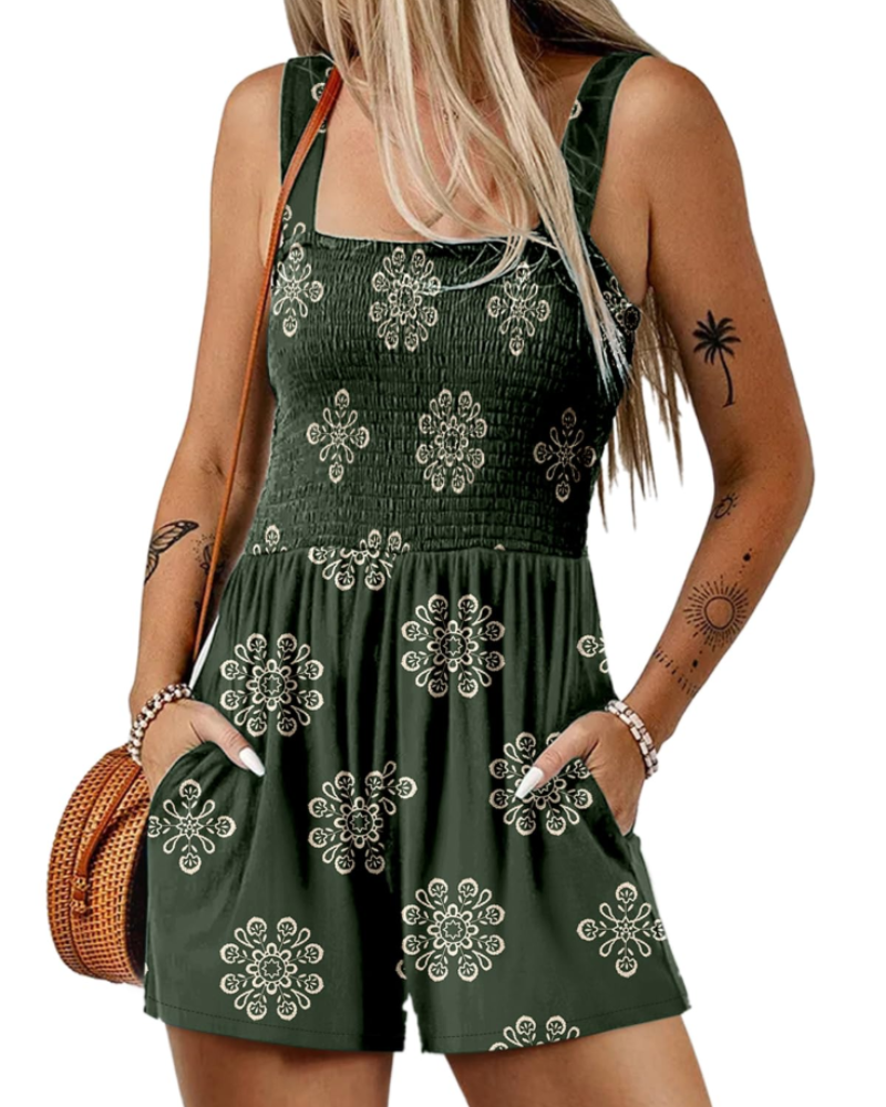 Savannah Combishort Femme Été – Smockée Col Carré avec Poches