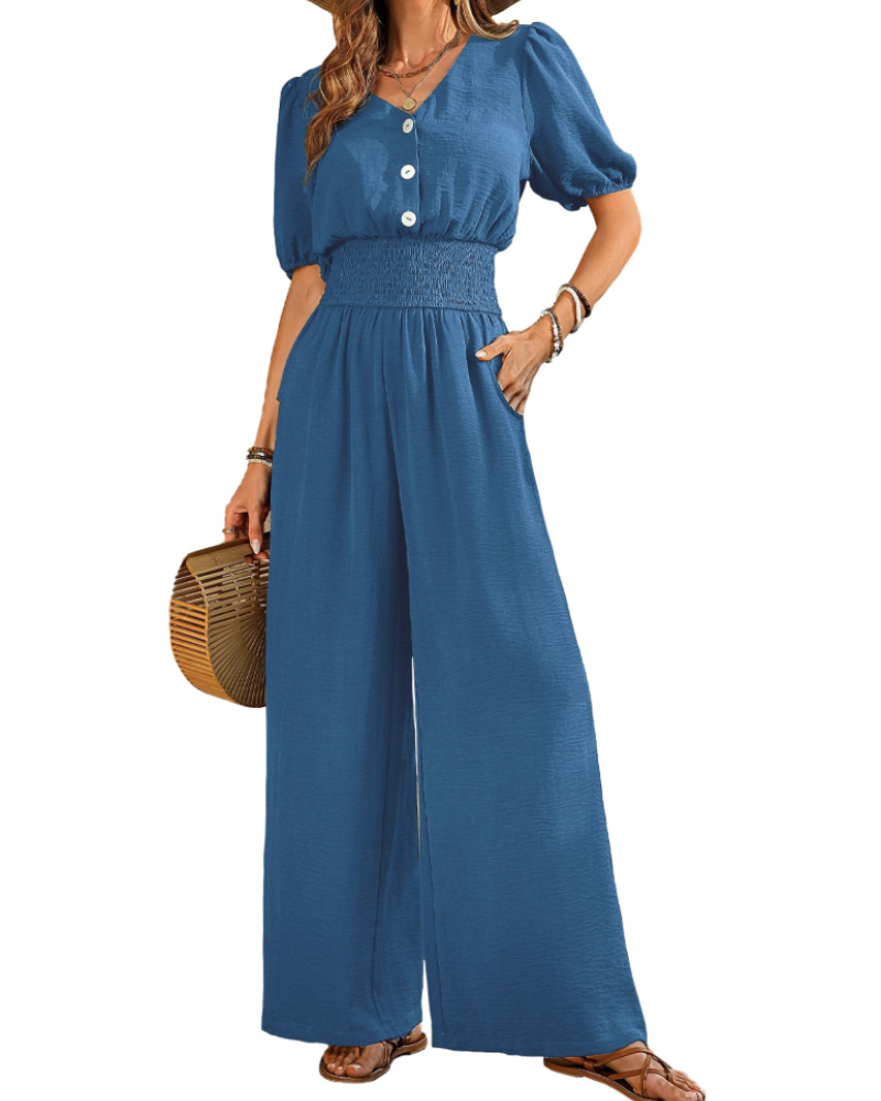 Stella Macacão Feminino de Verão – Decote em V com Botões & Calças Largas com Bolsos