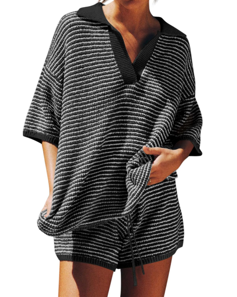 Chloe Women's Lounge Set – Oversized V-Neck Sweater & High-Waisted Shorts