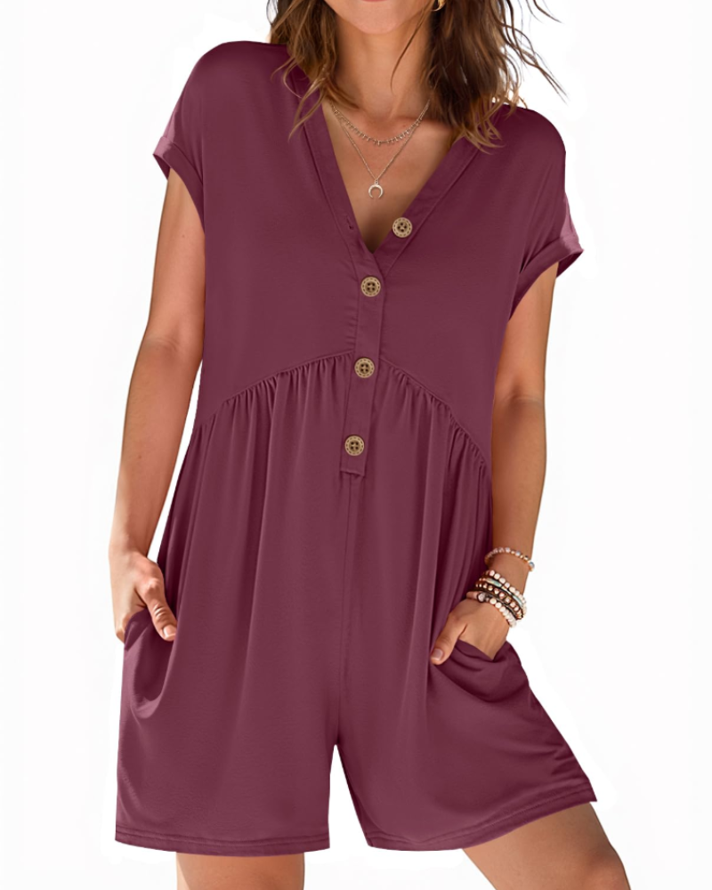 Mono corto Audrey para mujer verano – Cuello en V con botones y cintura elástica con bolsillos