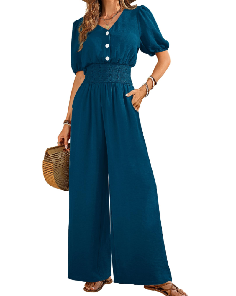 Stella Macacão Feminino de Verão – Decote em V com Botões & Calças Largas com Bolsos