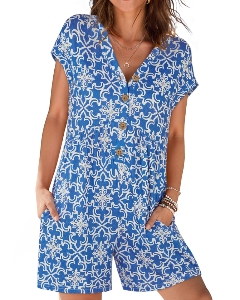 Mono corto Audrey para mujer verano – Cuello en V con botones y cintura elástica con bolsillos