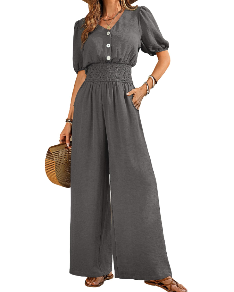 Stella Macacão Feminino de Verão – Decote em V com Botões & Calças Largas com Bolsos