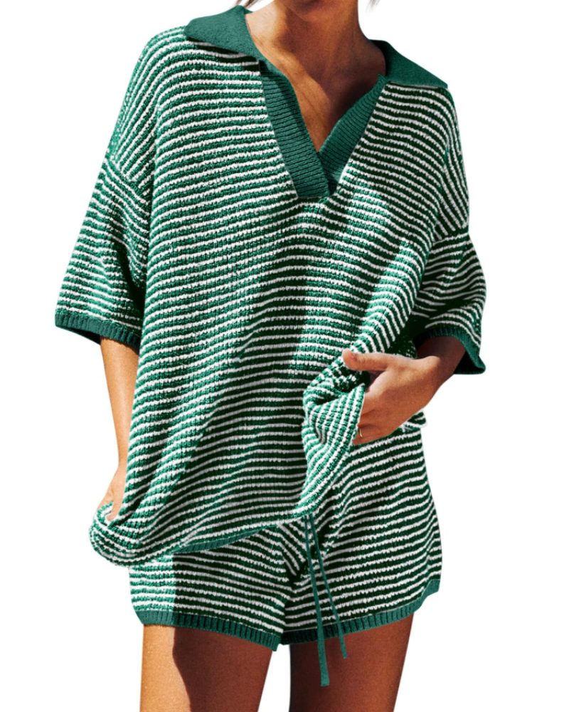 Chloe Women's Lounge Set – Oversized V-Neck Sweater & High-Waisted Shorts
