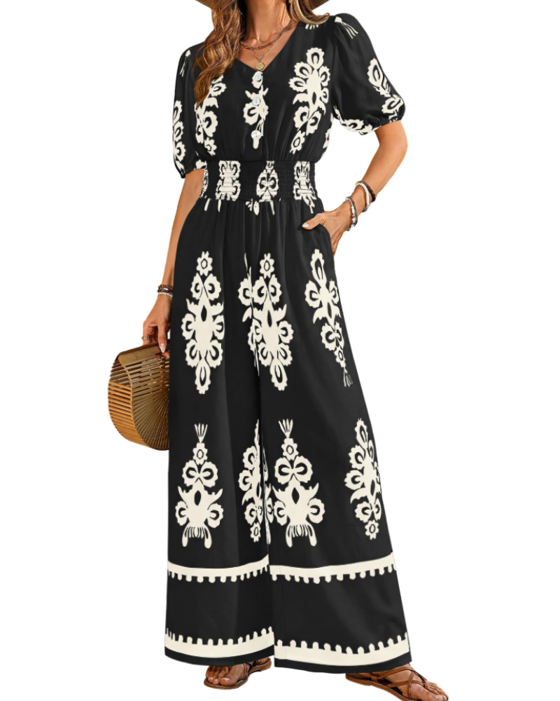 Stella Macacão Feminino de Verão – Decote em V com Botões & Calças Largas com Bolsos