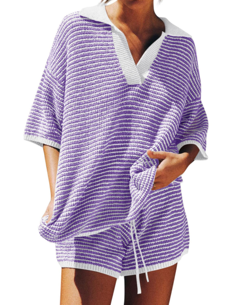 Chloe Women's Lounge Set – Oversized V-Neck Sweater & High-Waisted Shorts