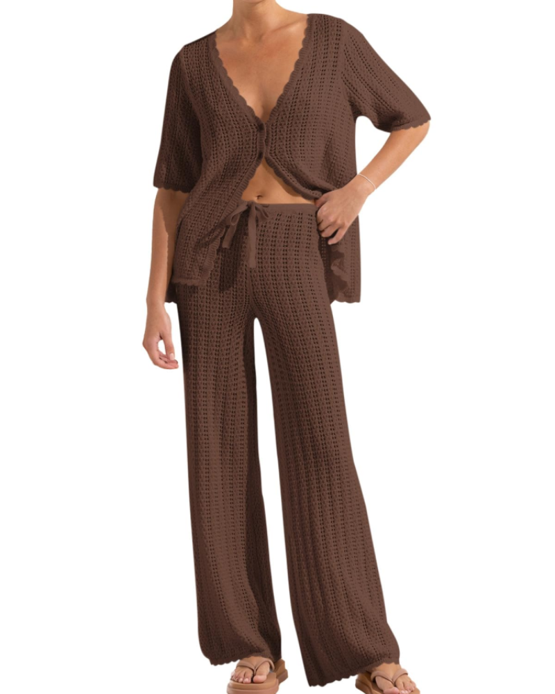Conjunto de Praia Sally para Mulher – Kimono de Croché e Calças Largas Leves