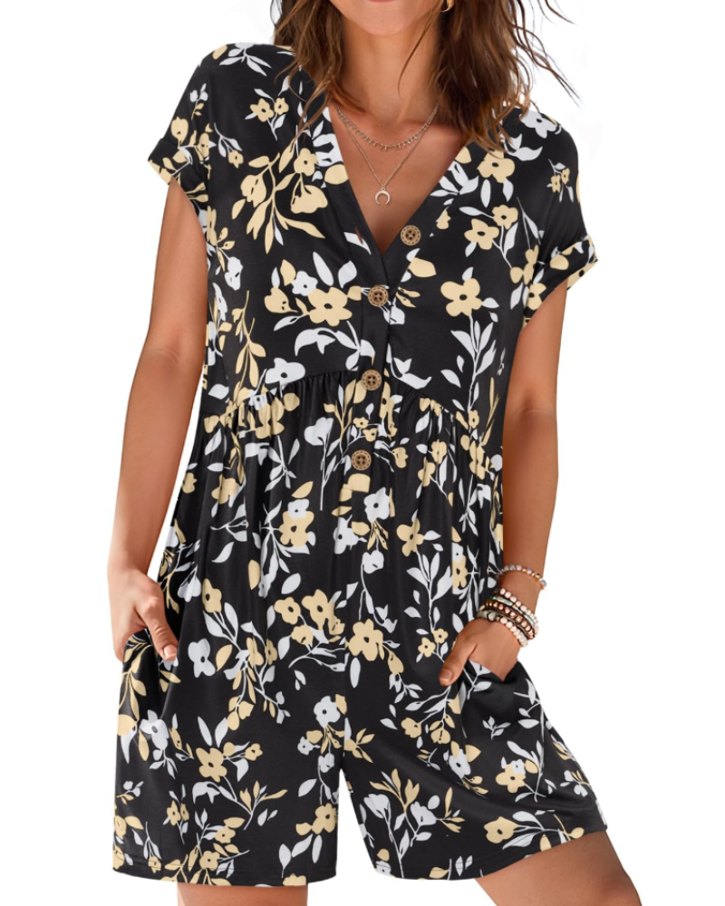 Mono corto Audrey para mujer verano – Cuello en V con botones y cintura elástica con bolsillos