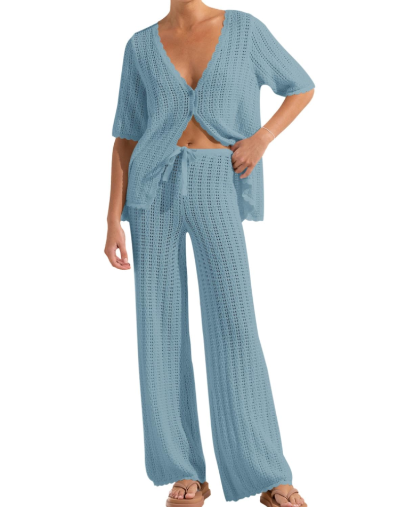 Conjunto de Praia Sally para Mulher – Kimono de Croché e Calças Largas Leves