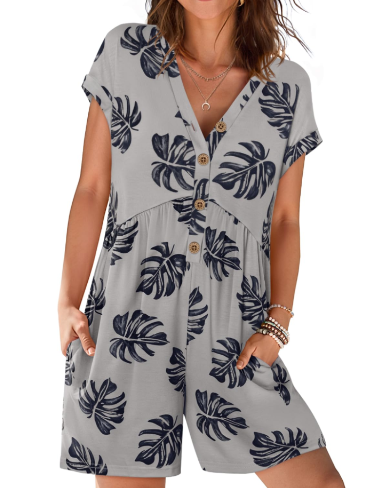 Mono corto Audrey para mujer verano – Cuello en V con botones y cintura elástica con bolsillos