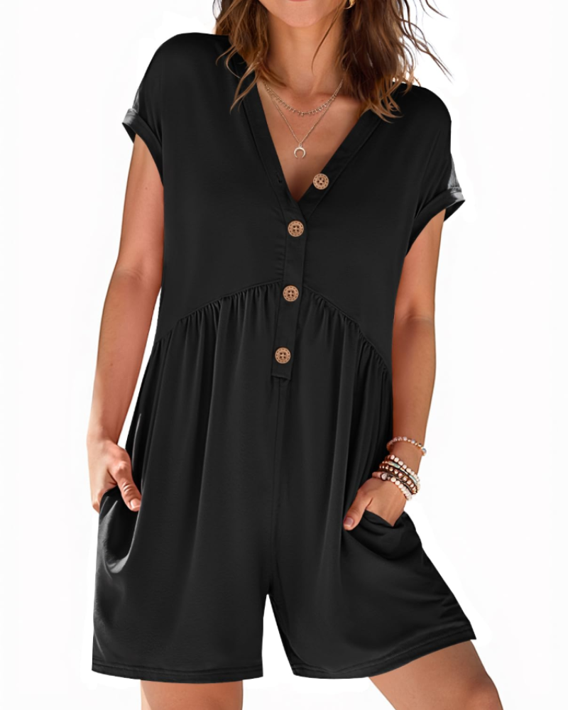 Mono corto Audrey para mujer verano – Cuello en V con botones y cintura elástica con bolsillos