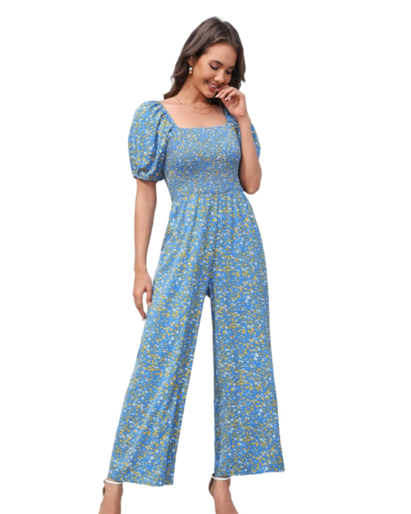 Salopetă de vară pentru femei Jasmine – cu imprimeu floral, cu smocuri și pantaloni largi