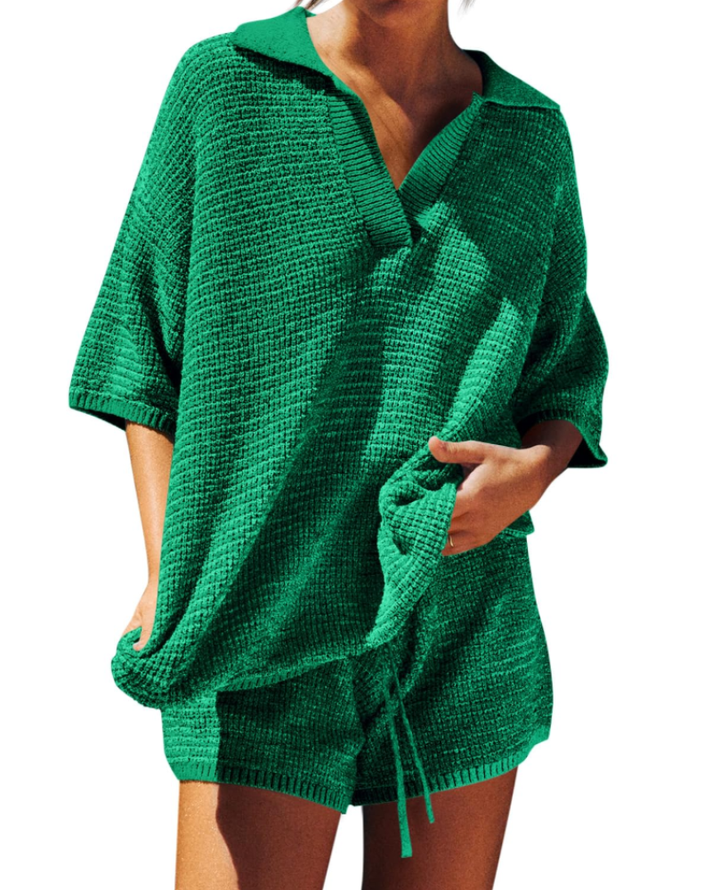 Chloe Women's Lounge Set – Oversized V-Neck Sweater & High-Waisted Shorts